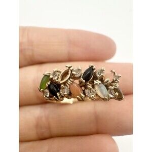 Vintage 14k Gold Marquise Opal Onyx Jade Coral Ring Sz 8.25 - Missing One Stone